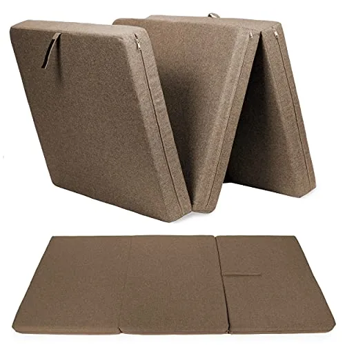 sunnypillow Premium Klappmatratze 120 x 195 x 15cm Braun | 3-teilige Faltmatratze mit abnehmbarem Bezug | Schaumstoff extra dick 15cm | Matratze faltbar klappbar Gästematratze Reisematratze |