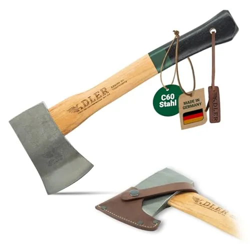 ADLER Yankeebeil Handbeil 650g 38 cm C60 Hickorystiel Entasten Grün | Dünn geschmiedetes Blatt in Yankee-Form für Feuerholz mit Lederschutz Made in Germany