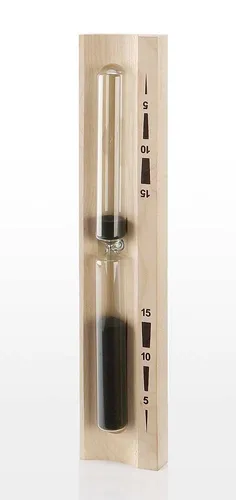 Eliga Sanduhr für Sauna mit schwarzem Sand – 15 Minuten Laufzeit - Elegante Sanduhr für die Sauna mit schwarzem Sand und formschönem Holzgestell. Ideal zur Zeitmessung und für entspanntes Saunieren, Maße: 320x60x35mm.