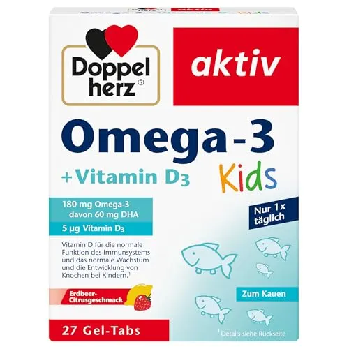Doppelherz Omega-3 plus D3 Kids - Omega-3 Öl für Kinder ab 4 Jahren, unterstützt das Immunsystem und fördert gesundes Wachstum mit leckeren Erdbeer-Citrus Gel-Tabs.