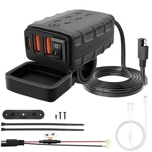 Hoembpn Wasserdichtes Motorrad USB Ladegerät [2 USB-A +1 Type-C] mit EIN/Aus-Schalter und LED, Multi USB Kabel, Motorrad Steckdose für 12V-24V Fahrrad, ATV, Boote (10A Sicherung)