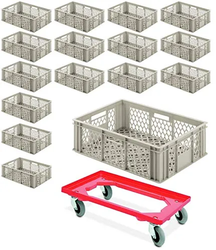 BRB 16 Eurobehälter durchbrochen mit Flüsterroller - Robuster Eurobehälter 600x400x200 mm, ideal für Lebensmittel. Mit Flüsterroller für leisen Transport in Wohnbereichen. Beständig gegen Chemikalien, kälte- und hitzebeständig.