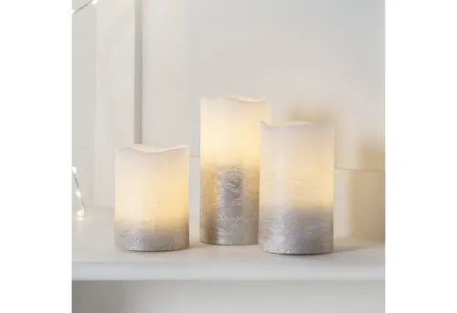 Lights4fun LED-Kerze 3er Set LED Kerzen Echtwachs flackernd warmweiß silber