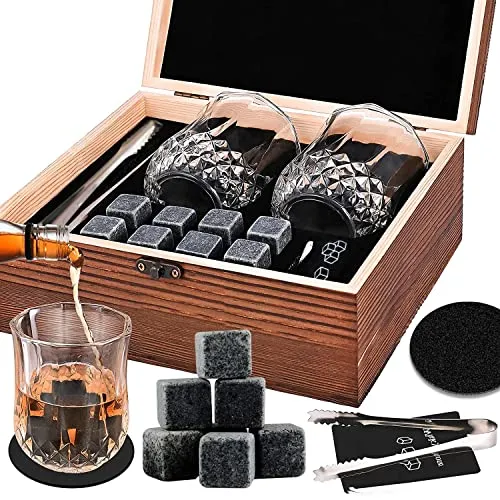 Whisky Steine mit 2 Whiskey Gläsern, Zange & Holz Geschenkbox - Whiskey Steine Geschenkset aus Natürlichem Basalt - Eiswürfel Wiederverwendbar 8
