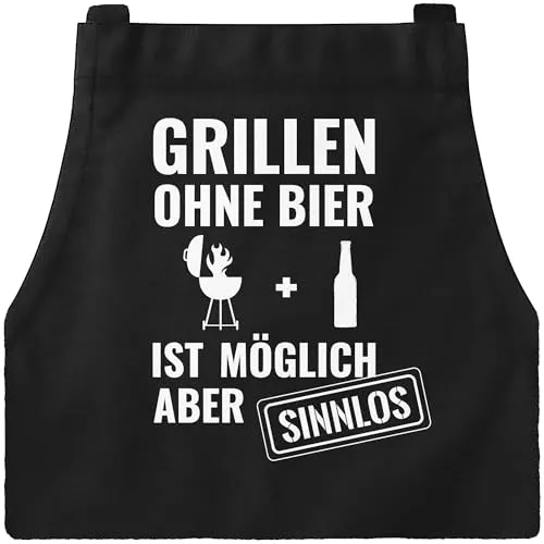 MoonWorks® Grill-Schürze für Männer mit Spruch Grillen ohne Bier ist möglich aber sinnlos Grillen Baumwoll-Schürze Küchenschürze Schwarz unisize
