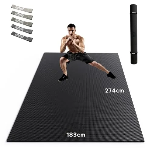 HAPBEAR Extra Groß Breit Sportmatte Fitnessmatte Gymnastikmatte rutschfest-Yogamatte 274m x 183cm x 8mm Dicke, Hoher Dichte Ultra Haltbar PVC,Trainingsmatten mit Fitnessbänder, Schuhfreundlich-06