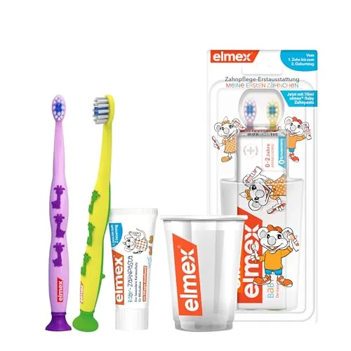 Elmex Zahnpflege Erstausstattung für Kinder - Zahnpflege-Erstausstattung für Kinder von 0-2 Jahren mit Baby-Zahnpasta und zwei Lern-Zahnbürsten, die Zähne widerstandsfähiger gegen Karies macht und für ein gesundes Lächeln sorgt.
