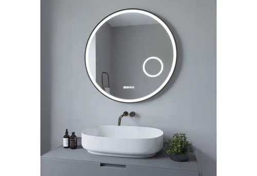 AQUALAVOS Badspiegel Rund Spiegel LED Badspiegel mit Beleuchtung Φ 80 cm Badezimmerspiegel, Antibeschlage, Uhr, Touch Dimmbar, Memory-Funktion, Schutzklasse IP44