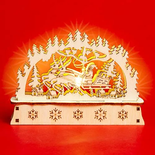 SIKORA LB-MINI Mini Schwibbogen aus Holz mit LED Beleuchtung - Farbe:Motiv Weihnachtsmann mit Rentierschlitten