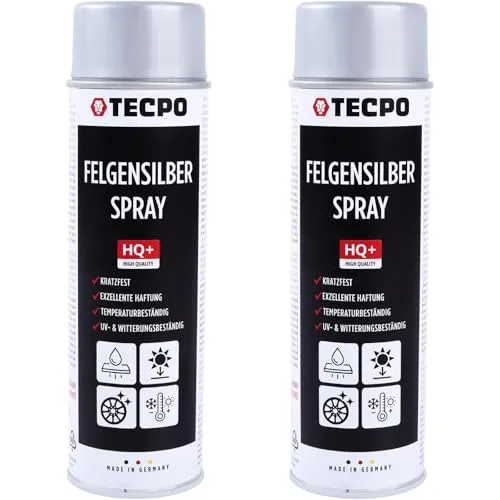 TECPO Felgensilber-Spray, 2x 500ml Felgensilber Spray schnell trockend Felgenlack auf Acrylbasis für Reparatur von Stahl und Leichtmetall
