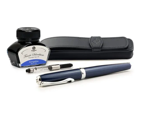 DIPLOMAT Füllhalter Excellence A2 Midnight Blue Chrom mit Lederetui, (Komplett-Set mit Tintenkonverter, Schreibtinte Königsblau von Octopus Fluids und Lederetui), MADE IN GERMANY