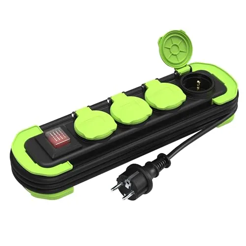 MutecPower Steckdosenleiste 4-Fach Mehrfachsteckdose Außen mit Schalter IP44 Outdoor Schutzkontaktsteckdosen mit Klappdeckeln und 3m aufrollbares Kabel 16A/250V H05RR-F 3G 1,5 Schwarz/Grün