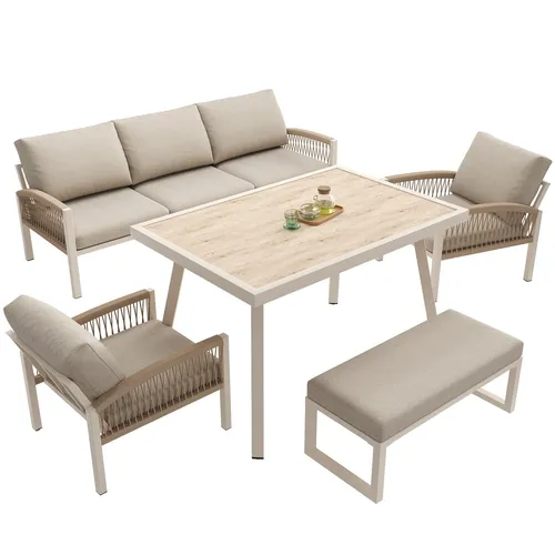 Handgeflochtenes Gartensofa mit Tisch und 2 Sesseln - Elegante Gartenmöbelgarnitur für bis zu 7 Personen. Wetterfest mit robustem Eisengestell und 8 cm dicken Polstern für hohen Sitzkomfort. Ideal für entspannte Abende im Freien.