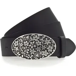 Koppelgürtel mit floraler Koppelschließe in mattem Silber, 3,5 cm, Gr. 85, schwarz - Gürtel aus Echtleder mit charakteristischer Doppelschließe in mattem Silber, ideal für moderne Freizeit-Outfits und verleiht einen femininen Look.