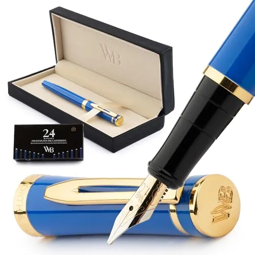 Wordsworth & Black Füllfederhalter-Set, breite 18-Karat-Goldfeder, inklusive 24 Tintenpatronen, Kolbenkonverter und Geschenkbox, goldfarben, Kalligraphie, Kaiserblau