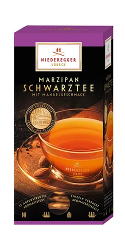 Niederegger Marzipan Aromatisierter Schwarz Tee 25 Doppelkammerbeutel - Aromatisierter Schwarzer Tee mit feinem Marzipan-Geschmack, ideal für entspannende Momente. 25 Doppelkammerbeutel für einen besonderen Trinkgenuss.