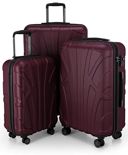 suitline 3er Koffer-Set - Hartschalen Trolley-Set in Burgund - 3er Koffer-Set aus 100% ABS mit TSA-Schloss, ideal für alle Reisen. Das Set umfasst Handgepäck und zwei große Koffer, die platzsparend ineinander stapelbar sind.