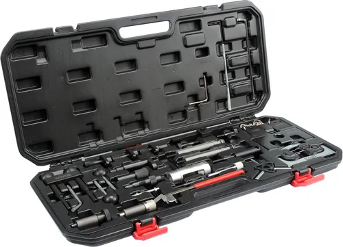 YATO 34-tlg. Benzin Motoreinstellungs-Werkzeug Set für VW und Audi - Professionelles Werkzeugset für die präzise Einstellung der Zahnriemenspannung von Benzin- und Dieselmotoren, ideal für VW und Audi. Enthält 34 Teile aus robustem Kohlenstoffstahl.