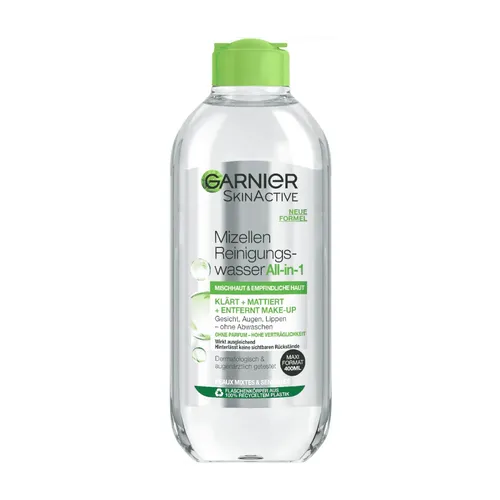Garnier Mizellen Reinigungswasser für Mischhaut und empfindliche Haut - 400 ml - Make-up-Reinigungswasser mit optimaler Verträglichkeit, parfümfrei und ideal für empfindliche Haut. Reinigt und mattiert das Gesicht schonend mit Mizellenmolekülen.