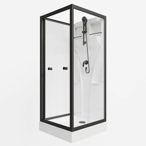 Schulte Komplettdusche Juist schwarz - 80x80 cm, inkl. Duschwanne & Schiebetür - Komplettdusche in modernem Design mit mattschwarzen Profilen und 5 mm Sicherheitsglas. Ideal für kleine Bäder, inklusive praktischer Duschstange und vier Ablageflächen für Duschutensilien.