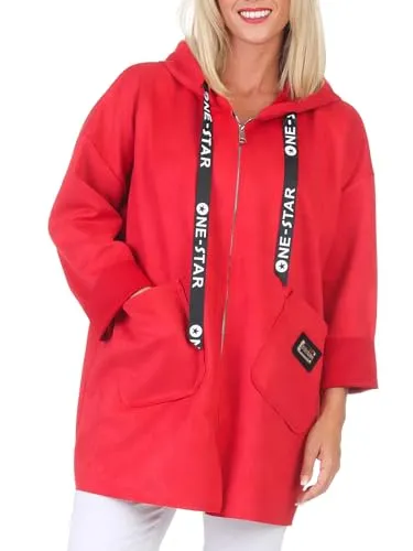 simaranda Sweatjacke Damen mit Kapuze Hoodie lange Übergangsjacke Kurzmantel uni mit Zipper 5325 (DE/NL/SE/PL, Numerisch, 36, 42, Regular, Regular, Rot)
