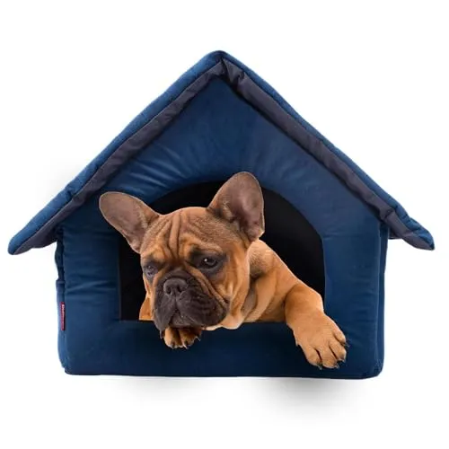 Elegant Hundehöhle, Hundehütte | Größe XL: 44 x 55 x 43 cm | Farbe: Blau Velvet | Hundehaus für mittlere und Große Hunde | Katzenhaus, Katzenhöhle