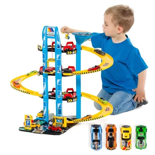 MOLTO Parkhaus mit Zubehör - 4 Etagen & Helicopter - Autogaragen & -werkstätten: Fördert motorische Fähigkeiten und kreatives Rollenspiel für stundenlangen Spielspaß.