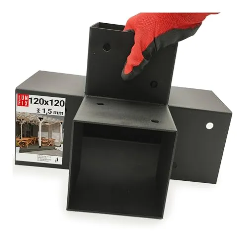 LUN FIX X-Verbinder 120x120 Stahl verzinkt, schwarz pulverbeschichtet, Pfostenverbinder, Holzverbinder, Pfostenträger 122x266x326x2 mm, Eckverbinder für Pergola, Carport, Zaun, Holzbalken Verbinder