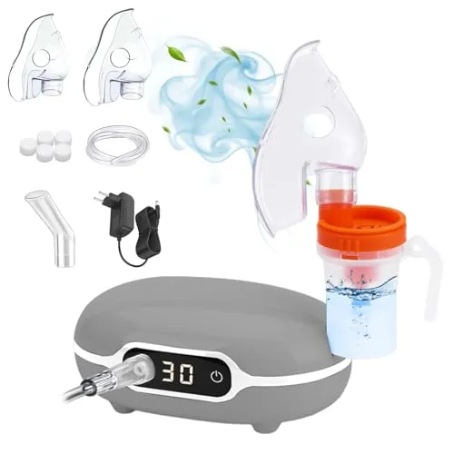 NEEMOSI Elektrisches Inhaliergerät mit Digitalanzeige,Kompressor Vernebler für Erwachsene Kinder Baby,Inhalationsgerät mit Maske&Mundstück,Tragbarer Inhalator gegen Asthma Husten Erkältung (Grau)