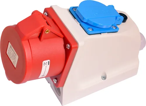 CEE Kupplung Wandsteckdose 32A 400V IP44 - Steckdosen & Zubehör: 5-polige Kombi-Wandsteckdose mit integrierter 230V Schukosteckdose und 10A Sicherung, spritzwassergeschützt nach IP44 - ideal für den Außenbereich.