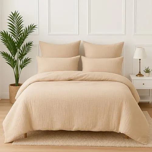 Wolkenfeld Premium Musselin Bettwäsche 155x220 mit Reißverschluss – Aus 100 % Baumwolle – Atmungsaktiv & Weich – Bettwäsche Musselin mit 80x80 Kissenbezug Beige