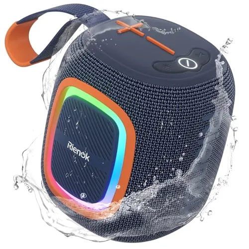 RIENOK Bluetooth Lautsprecher Klein mit Licht - Tragbarer Bluetooth-Lautsprecher mit 15 Stunden Spielzeit und wasserdichtem Design (IPX5), ideal für Outdoor-Aktivitäten. Genießen Sie Musik und Radio mit RGB-Lichtern für ein unvergessliches Erlebnis.