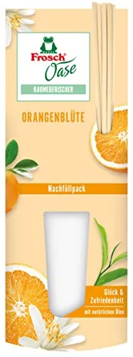 Frosch Raumduft Oase, 90ml Nachfüller mit Orangenblüte - Raumerfrischer mit natürlichen Ölen, fruchtig-frischer Orangen-Note und nachhaltig biologisch abbaubar. Lieferung inkl. 5 Rattanstäbchen für ein angenehmes Raumklima.