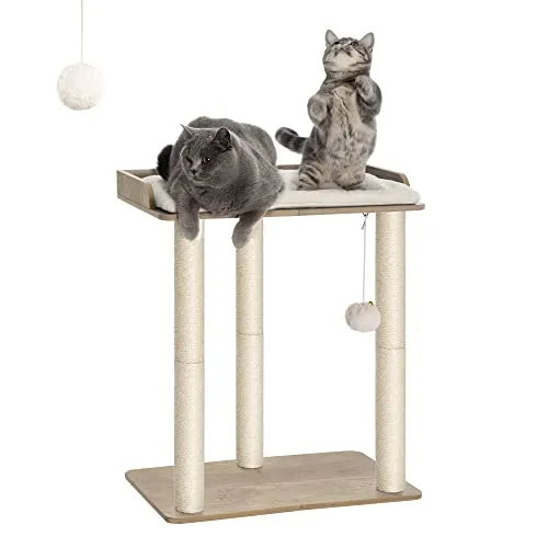 FourFurPets Kratzbaum, 68 cm hoch, Katzenbaum,mit DREI 60 cm Voll Sisal Kratzsäulen, 56 x 40 cm große Plattformen, Greige