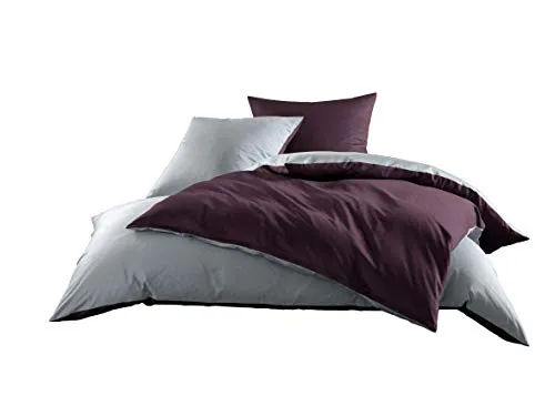 Mako Satin Baumwollsatin Wende Bettwäsche Garnitur - grau-brombeer, 200x220 cm - Bettwäsche-Sets aus 100% Mako Satin, atmungsaktiv und geschmeidig, mit hochwertigem YKK-Reißverschluss, nach Oeko-Tex Standard 100 zertifiziert.