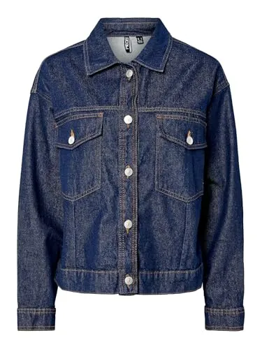 PIECES Female Jeansjacke PCELMA - Funktionsjacken mit Brusttasche und Knopfverschluss, aus 79% Baumwolle und 20% recycelter Baumwolle für nachhaltigen Stil.