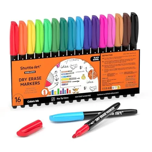 Shuttle Art Whiteboard Marker Set mit 16 Farben, feiner Spitze, abwischbar, schnelltrocknend für Schreiben auf Whiteboards, Spiegel, Kalender, Schreibtafel