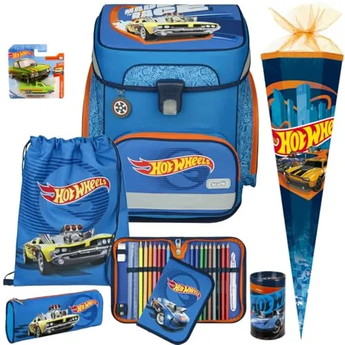 Pridera Scooli Schulranzen 1.Klasse Jungen Hot Wheels Auto EasyFit Schulranzen-Set 8tlg. mit passender Schultüte Spardose Hot Wheels Auto gratis