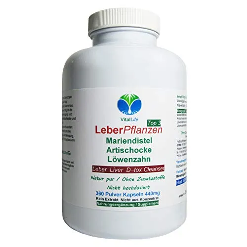 Leber Kräuter Vital TOP 3 Leberkur Pflanzen 360 Kapseln Mariendistel Artischocke Löwenzahn. Leber/Galle Fettverdauung. Reinigen Entgiften Entschlacken. OHNE Zusatzstoffe. 26477-360