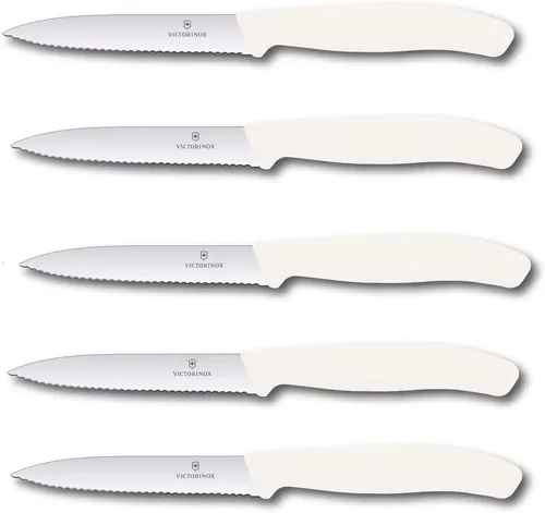 Victorinox 5-tlg Gemüsemesser Set Swiss Classic Weiß – 10 cm mit Wellenschliff - Obstmesser & Gemüsemesser, extra scharfer Wellenschliff für müheloses Schneiden durch dicke Schalen – ideal für die Zubereitung gesunder Mahlzeiten.