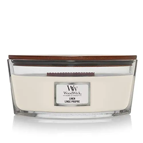 WoodWick Duftkerze Linen Ellipse Jar 454 g - Kerzen mit Holzdocht für ein knisterndes Kaminfeuer-Ambiente und den Duft frisch gewaschener Wäsche, ideal für eine gemütliche Atmosphäre.