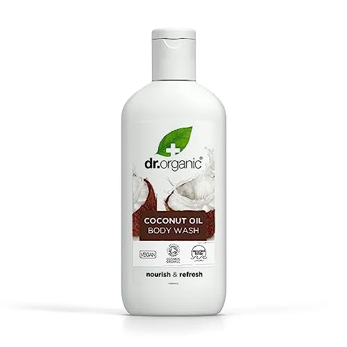 Dr Organic Kokosöl Körperwaschgel, Duschgel, Trockene Haut, Natürlich, Vegan, Tierversuchsfrei, Paraben- & SLS-frei, Recycelbar & Aus im Meer gebundenem Plastik recycelt, Zertifiziert Bio, 250ml