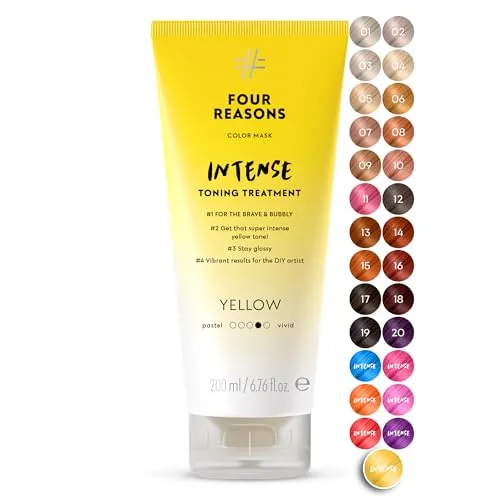 FOUR REASONS Color Mask INTENSE Gelb - Intensive Tönung für strahlendes Haar - Intensive Tönung für leuchtendes Gelb, ideal für gefärbtes oder aufgehelltes Haar. Die pflegende Formel sorgt für Glanz und Geschmeidigkeit, ganz ohne Ammoniak. 100% vegan und umweltfreundlich.