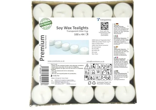 Coraz Home - Hochwertige Sojawachs Teelichter in einem transparenten klaren Becher mit einer Brenndauer von 4 Stunden oder 7–8 Stunden aus reinem weißem Wachs parfümfrei veganes Wachs ungiftig