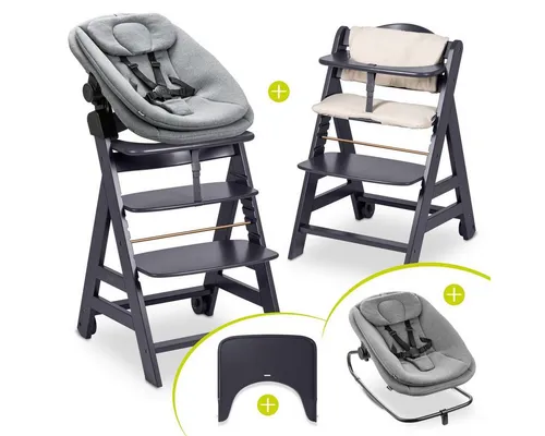 Hauck Hochstuhl Beta Plus Dark Grey Newborn Set 3in1 Bouncer (Set), Holz Babystuhl ab Geburt mit Neugeborenensufsatz, Sitzkissen, Essbrett