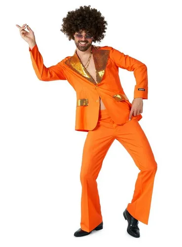 Suitmeister Herren Disco Kostüm - 70er Jahre Retro Outfit in Orange - Kostüm-Outfits für Erwachsene: Stylisches Disco-Kostüm mit Blazer, Hose und Krawatte für unvergessliche Partynächte. Slim Fit Design für eine perfekte Passform!
