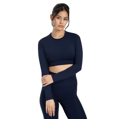 SMILODOX Longsleeve Damen Tisha, Cropped Sportshirt mit Rundhals, Funktionsshirt elastisches Unterbrustbund, bequemes Langarmshirt, ideal für Alltag, Freizeit, Fitness, Yoga, Layering