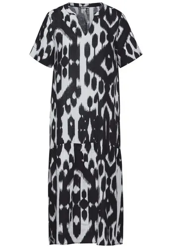 Street One Damen Midikleid mit Volants - Black, Größe 36 - Freizeitkleid für Damen, wadenlanges Leinenkleid mit V-Ausschnitt und kurzem Schlitz, leicht und luftig, ideal für warme Tage mit grafischem Muster.