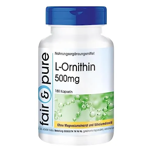 Fair & Pure L-Ornithin 500mg, 180 Kapseln, hochdosiert, Nahrungsergänzungsmittel vegan ohne Magnesiumstearat, in Deutschland hergestellt