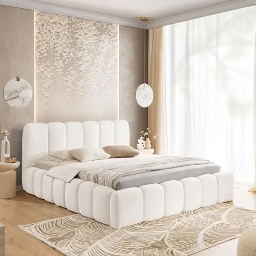 Home Collective Polsterbett Doppelbett Bett mit Stauraum viele Größen | Bettgestell mit Lattenrost weicher Bouclé Bezug mit Steppung niedriges Kopfteil | Schlafzimmer Möbel | Creme 160x200 cm